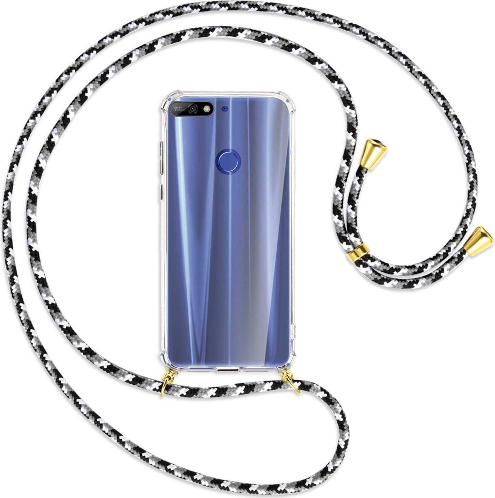 Handykette Backcover-Schutzhülle mit Band (Metall goldfarben) für Huawei Y7 (Prime) 2018 / Honor 7C - schwarz/grau/weiß