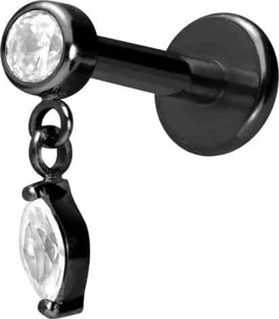 Ohrpiercing, Nasenpiercing Titan Labret mit Innengewinde KRISTALL + KRISTALLTROPFEN Schwarz Stablänge: 7mm | Stabstärke: 1,6mm