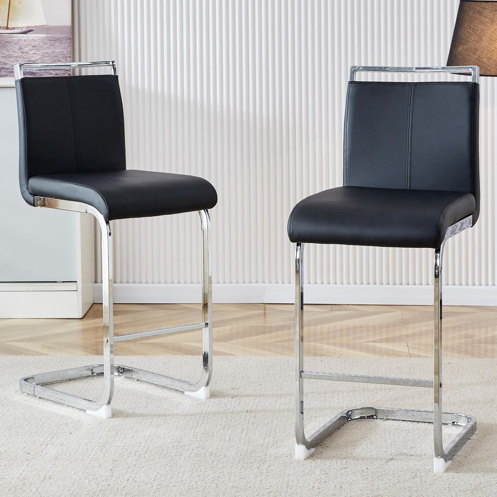 2er-Set Barhocker, nordischer Stil, schwarzes PU, silberne Metallbeine, 96 cm