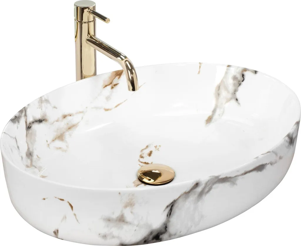 Lavabo Rea Queen Carrara Shiny | Ceramica Effetto Pietra Naturale 55cm
