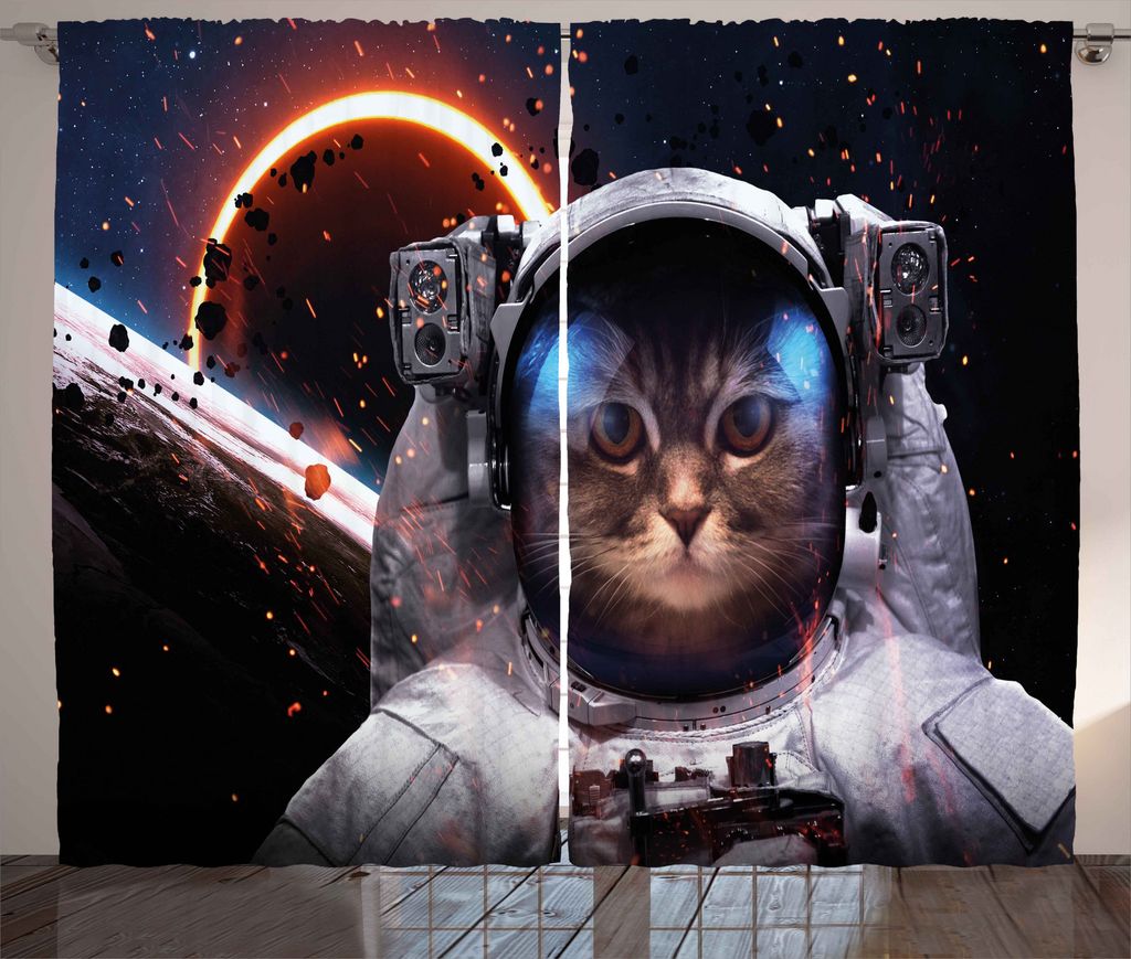 ABAKUHAUS Katze Rustikaler Gardine, Kosmonaut Kätzchen Galaxie, Schlafzimmer Kräuselband Vorhang mit Schlaufen und Haken, 280 x 225 cm, Dunkelbla...