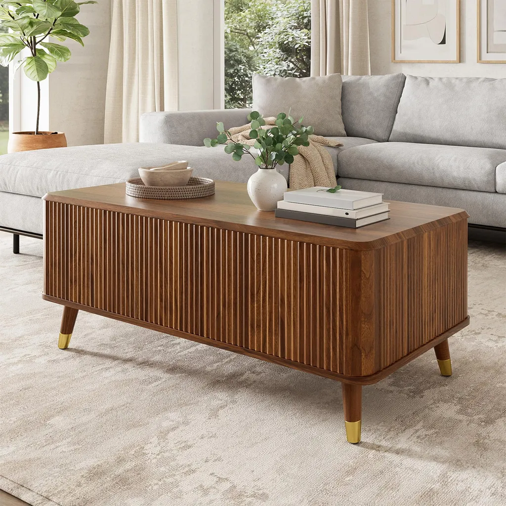 Table de salon relevable multifonction style vintage aspect noyer chic - 4