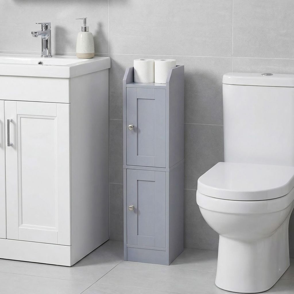 VASAGLE Schmaler Hochschrank, Badschrank, mit verstellbaren Ablagen, Badezimmerschrank für Bad, Landhausstil, grau