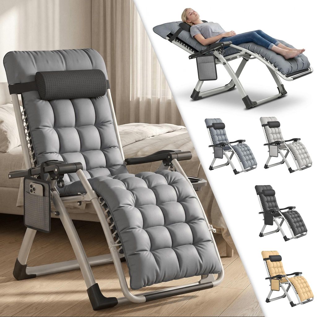 YRHome Relax Gartenliege für Garten Terrasse Camping gepolstert klappbar verstellbar mit Kissen Getränkehalter Seitentasche Grau
