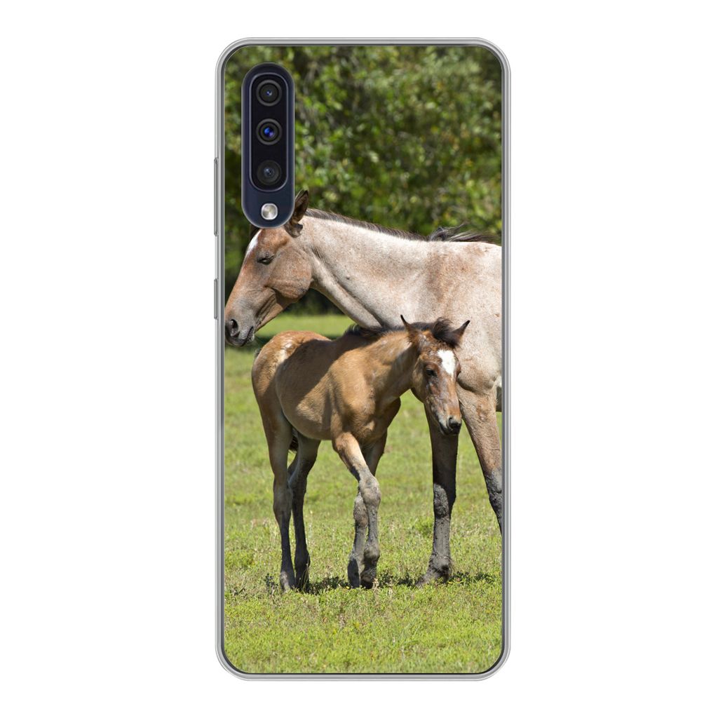 MuchoWow Handyhülle Schutzhülle Hülle für Samsung Galaxy A30s Pferde - Gras - Schatten Silikon Softcase Handy Hülle - Karteninhaber