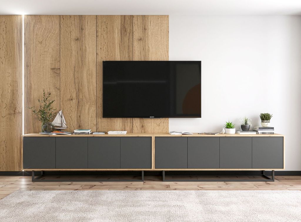 2 Stk TV-Schrank 2 x Apollo 2 TV Loft Style Schwarze Metall Fußgestell Modern Lindner Möbel 300cm x 53cm x 35cm Farbe: Wotan Eiche - graphit matt