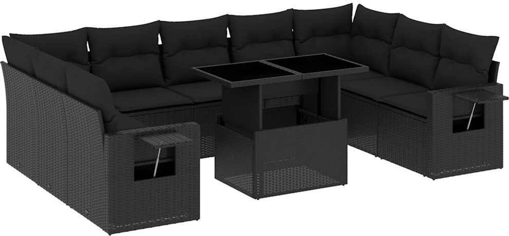vidaXL 10-tlg. Garten-Sofagarnitur mit Kissen Schwarz Poly Rattan