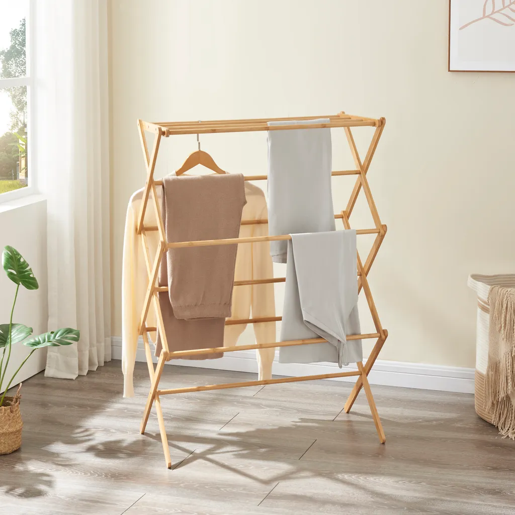 Séchoir à linge Grinau en bambou pliable - Étendoir 128 x 72 x 44 cm