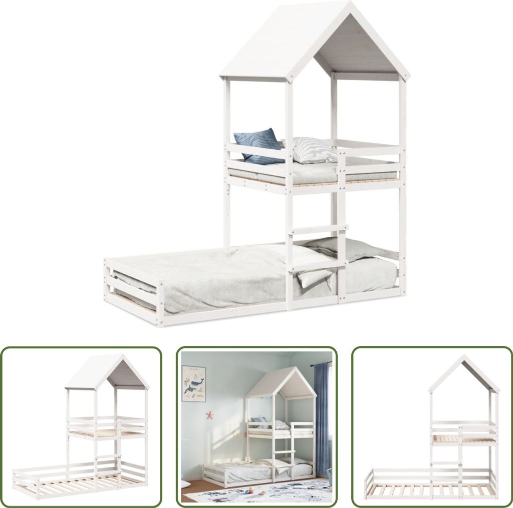 The Living Store Etagenbett mit Dach Weiß 90x200 cm Massivholz Kiefer