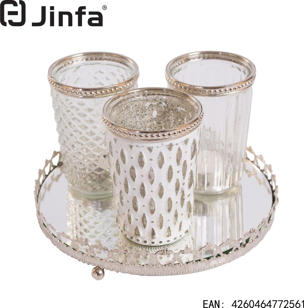 Jinfa 3er Set Teelichtgläser auf Spiegelplatte in Weiß