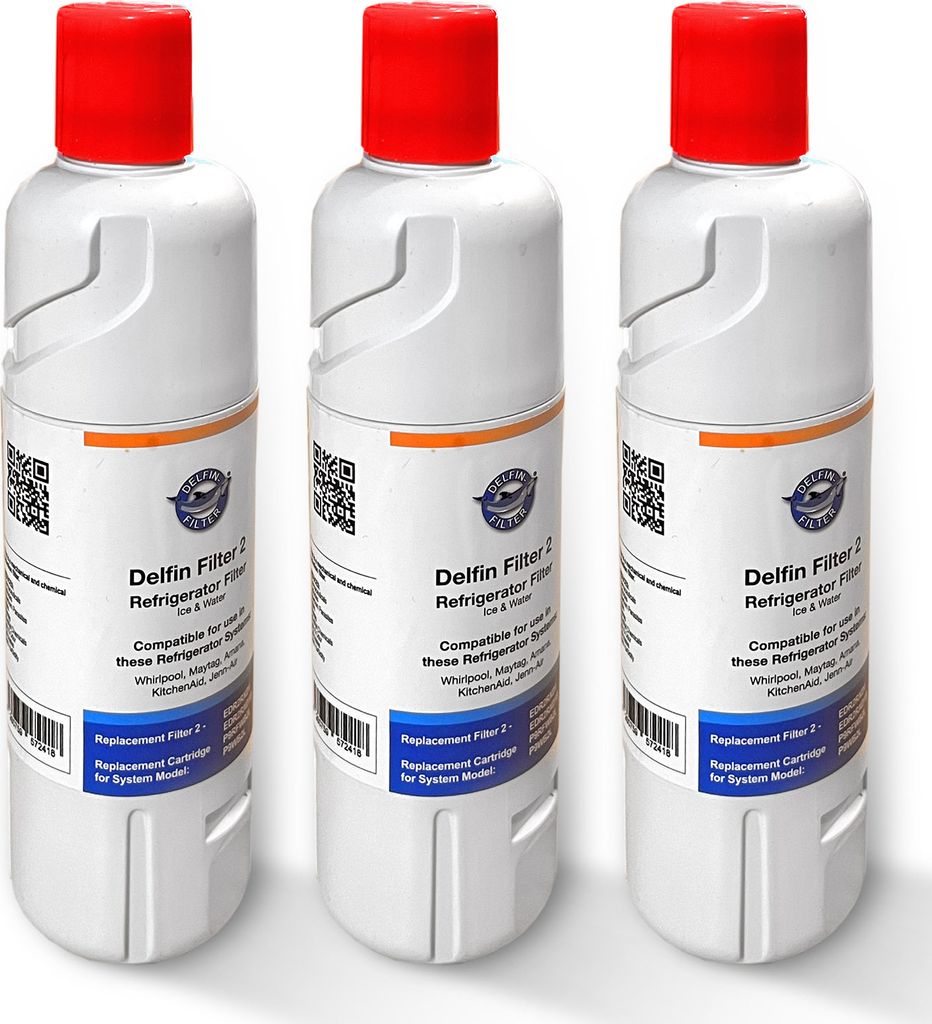 Three white refrigerator water filters with red caps are arranged side-by-side against a white background.