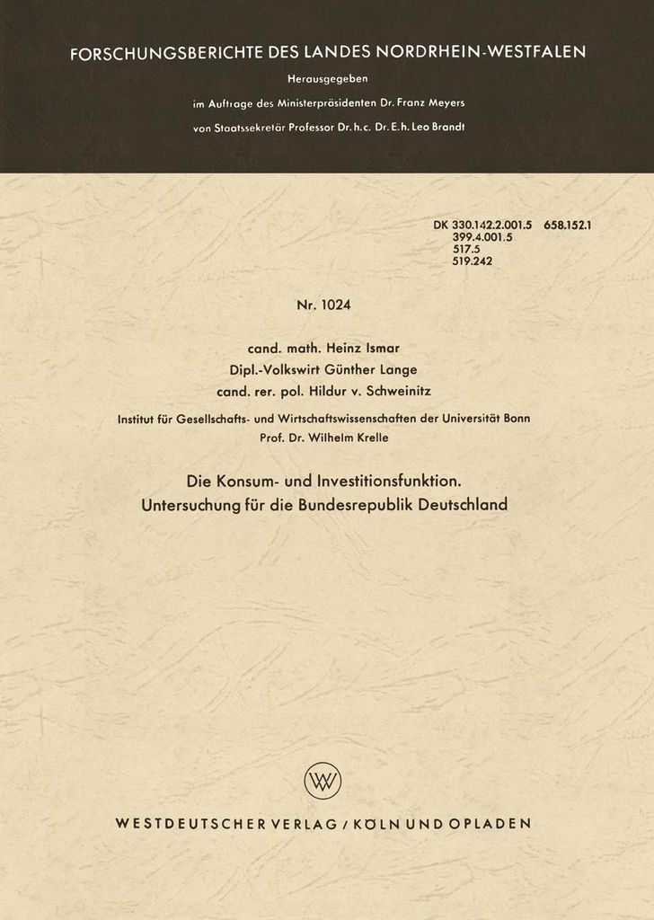 Die Konsum- und Investitionsfunktion. Untersuchung für die Bundesrepublik Deutschland