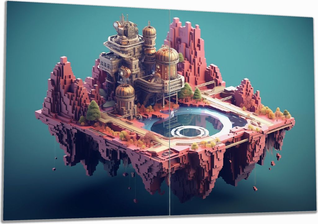 Wallario Herdabdeckplatte aus Glas, Größe 80 x 52 cm 2-teilig, Motiv Schwebende Pixel-Oase