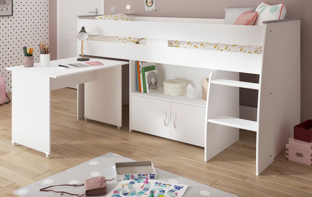 Hochbett "Releave" weiß, Kinder- und Jugendzimmer Bett 90 x 200 mit Schreibtisch