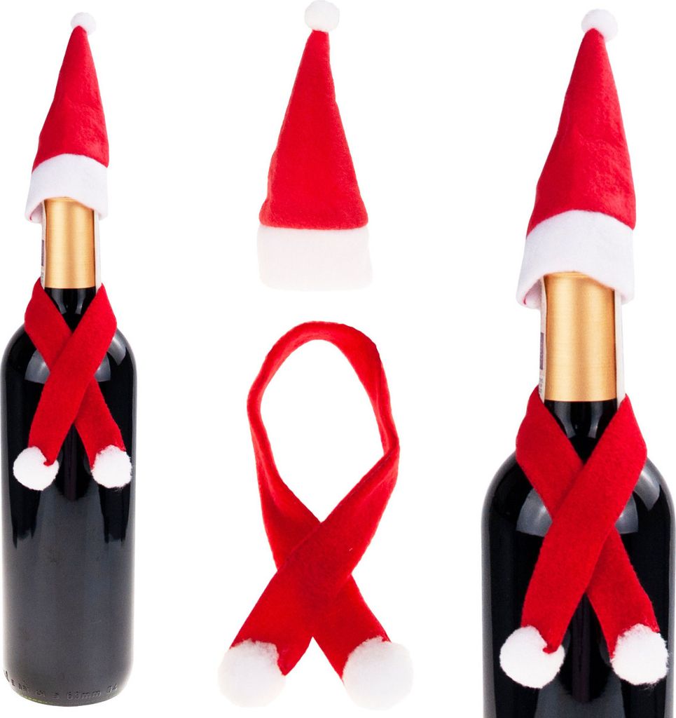 Christmas-themed wine bottle accessories, including hats and scarves, displayed on a white background.