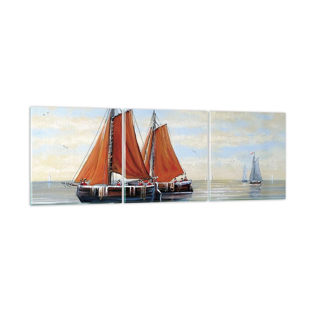 Bilder auf glas - 3 Teile - Segelschiffe Öl Orange - 90x30cm - Glasbilder - Wandbilder - Bilder - zum Aufhängen bereit - Wanddekoration aus Glas ...
