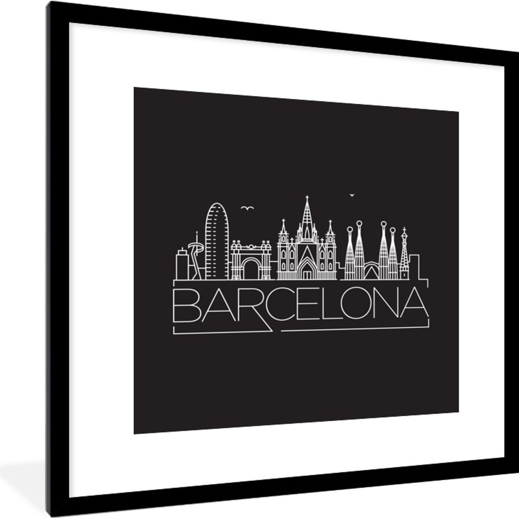 MuchoWow MuchoWow Gerahmtes Poster Skyline "Barcelona" weiß auf schwarz 40x40 cm - Poster mit zchwarzem Bilderrahmen - Poster - Plakat im Rahmen