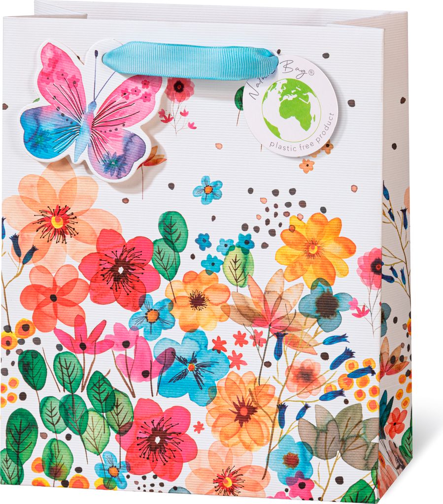 Geschenktüte Tasche medium A5-Format Blumenwiese Kraftpapier mit Textur Prägung, Naturekarton, plastikfrei