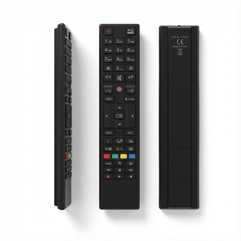 Three views of a black remote control are shown against a white background.