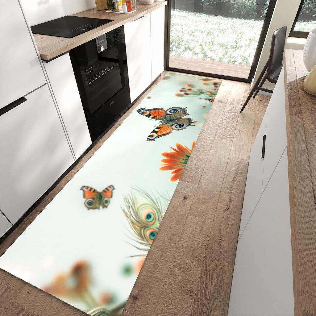 Küchenteppich 80x300cm rutschfest & abwischbar PVC Läufer - Schmetterling Wiese