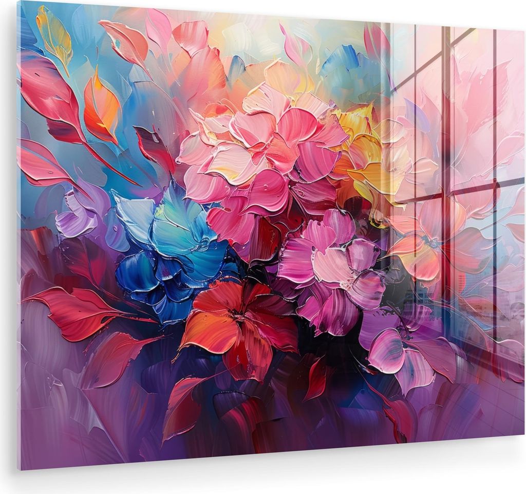 MuchoWow Glasbilder - Bilder auf Wandbild - Foto auf Glas Blumen - Malerei - Abstrakt - Farbenfroh 80x60 cm Wanddekoration aus Glas - Acrylglasbild...