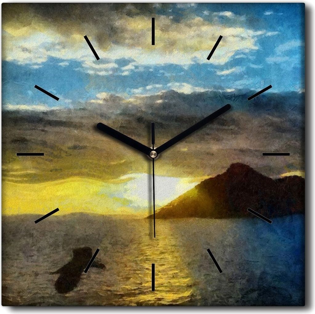 Coloray Uhr auf Leinwand 30x30 cm Wand Uhr Dekoration Wohnzimmer Segeltuch schwarze Hände -See Naturberge