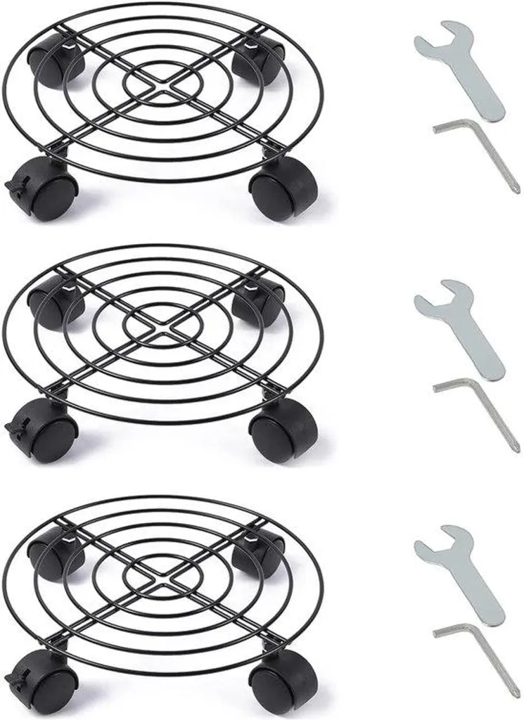 Lot de 3 Supports de Plantes à Roulettes en Métal Noir - Ø 30 cm Robuste