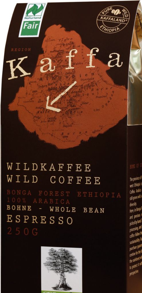 A bag of coffee beans with a map of Ethiopia and text.