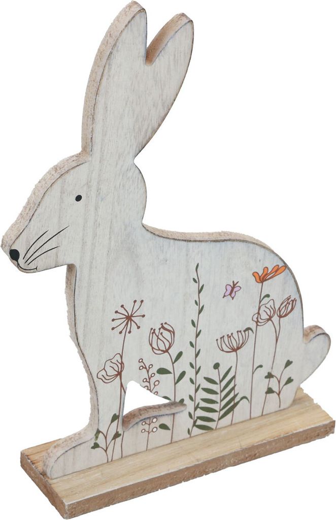 Deko Osterhase Holz sitzend mit Blumen 26×19,5cm