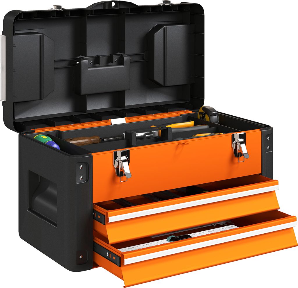 HOMCOM Werkzeugkiste leer, 49,7 x 25,3 x 28,9 cm Werkzeugkasten mit Schublade, Mini-Box, oberes Staufach, Handgriff, Werkzeugkoffer aus Stahl, Orange