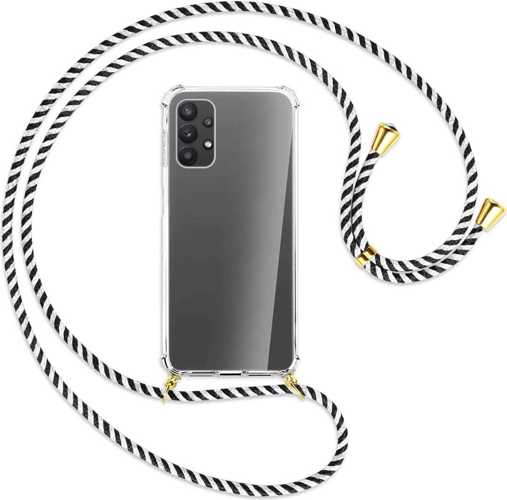 Handykette Backcover-Schutzhülle mit Band (Metall goldfarben) für Samsung Galaxy A23 4G - schwarz/weiß gestreift