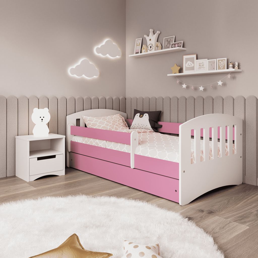 Kinderbett 180x80 mit Matratze, Rausfallschutz, Lattenrost & Schublade in pink 80 x 180 Mädchen Jungen Bett Skandi Jugendbett