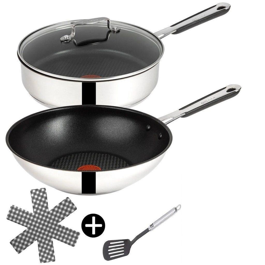 Tefal Pfannen-Set Jamie Oliver E30 Wokpfanne 30cm + Schmorpfanne 24cm mit Deckel, Set8, Edelstahl 18/10 (Pfanne, Bratpfannen Set, Pfannenset, Wok)