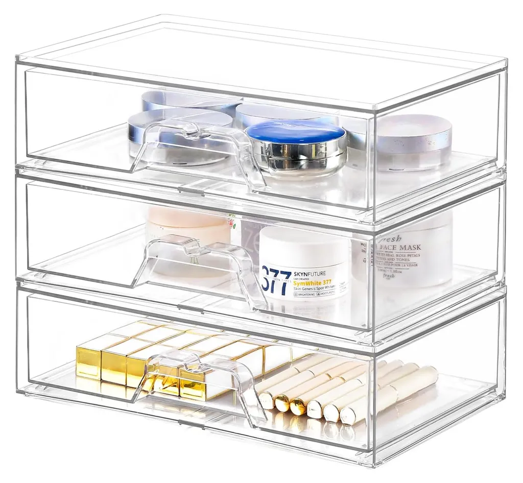Organiseur acrylique transparent robuste et empilable lot de 3 unités