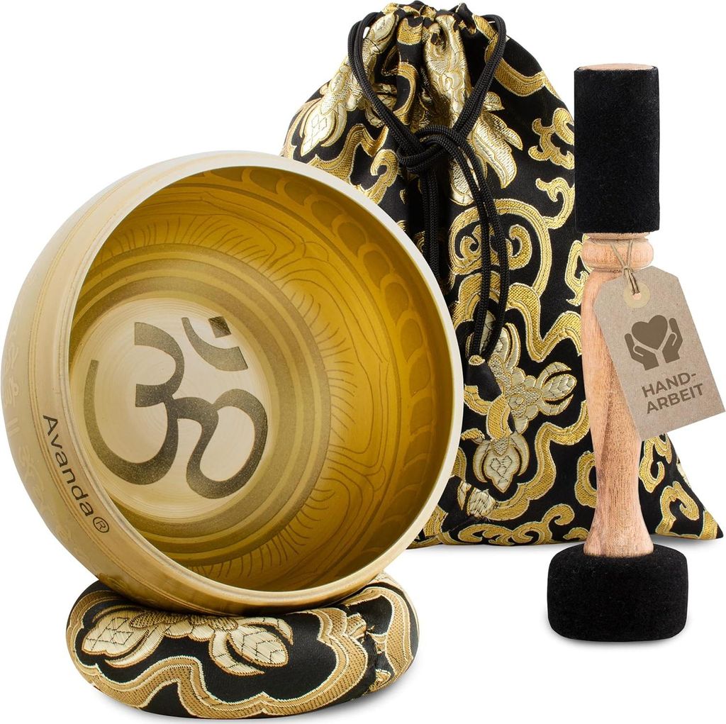 Tibetisches Klangschalen-Set für Yoga, Meditation, Entspannung - handbemalte Klangschale Ø 10 cm mit Ringkissen, Tasche, Anleitung
