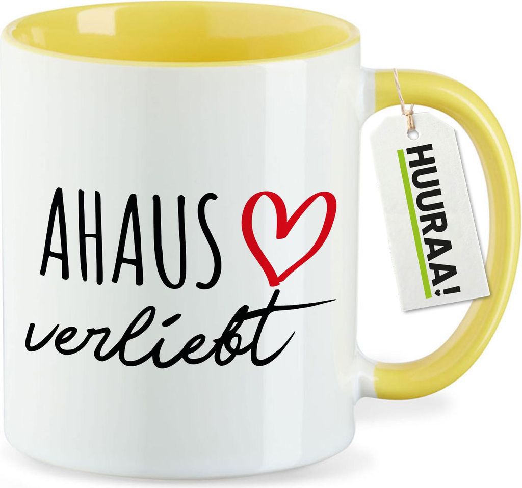 Huuraa Kaffeetasse Ahaus verliebt 330ml Gelb Keramik Kaffeebecher Geschenkidee