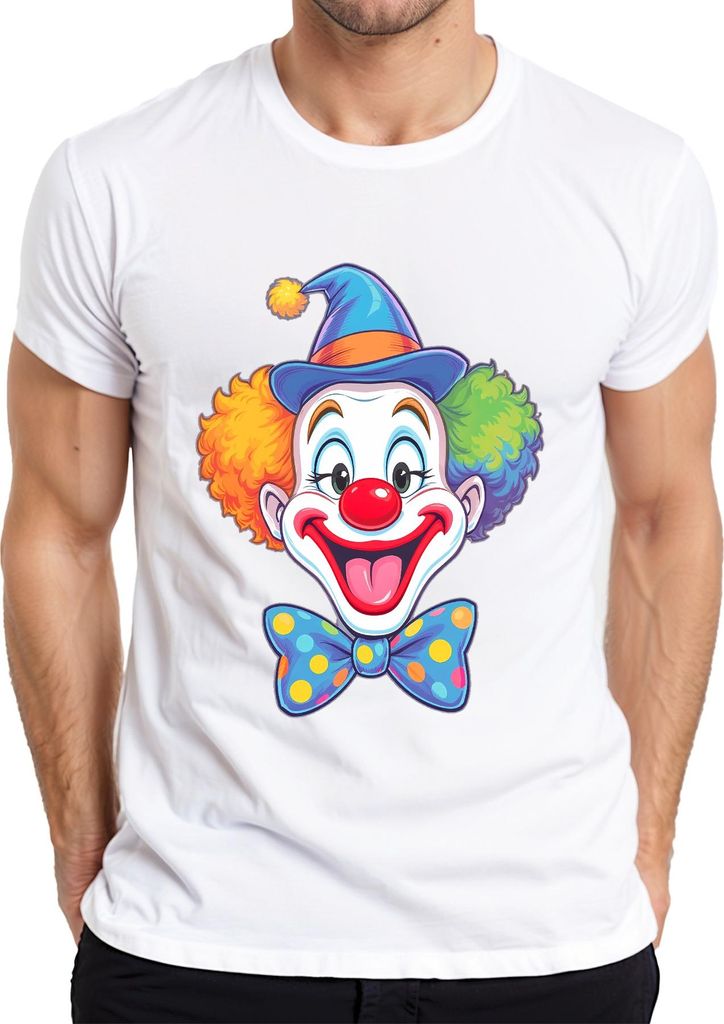 Clownsgesicht rote Nase bunter Afro Fliege Karneval lustig Party Herren T-Shirt, Weiß, S