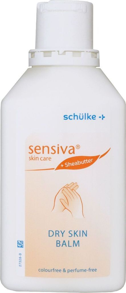 A white bottle of sensiva dry skin balm with orange and blue labeling.