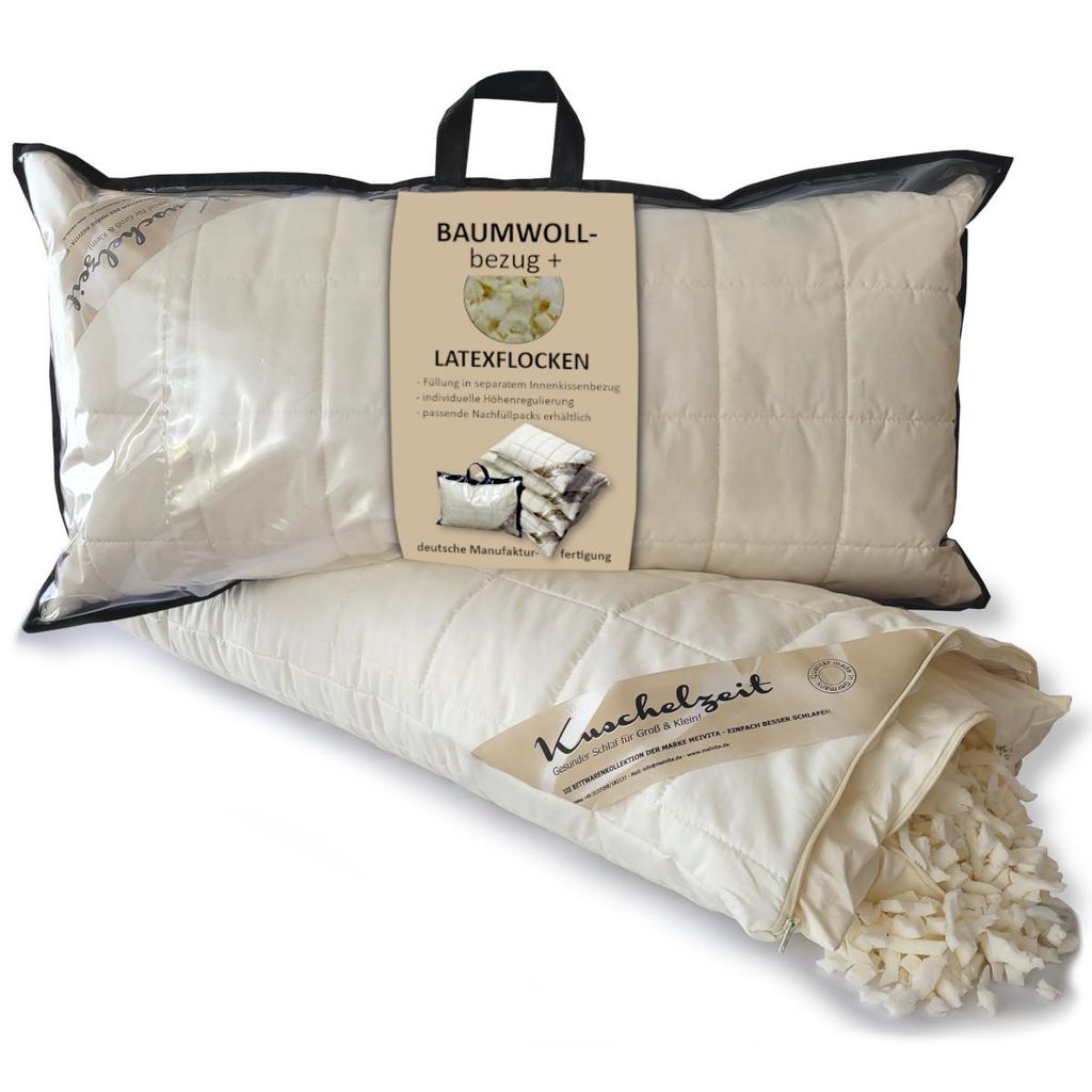 Latex Flocken Kopfkissen Kuschelzeit in 40x80 cm - Nackenstützkissen mit individueller Höhenregulierung
