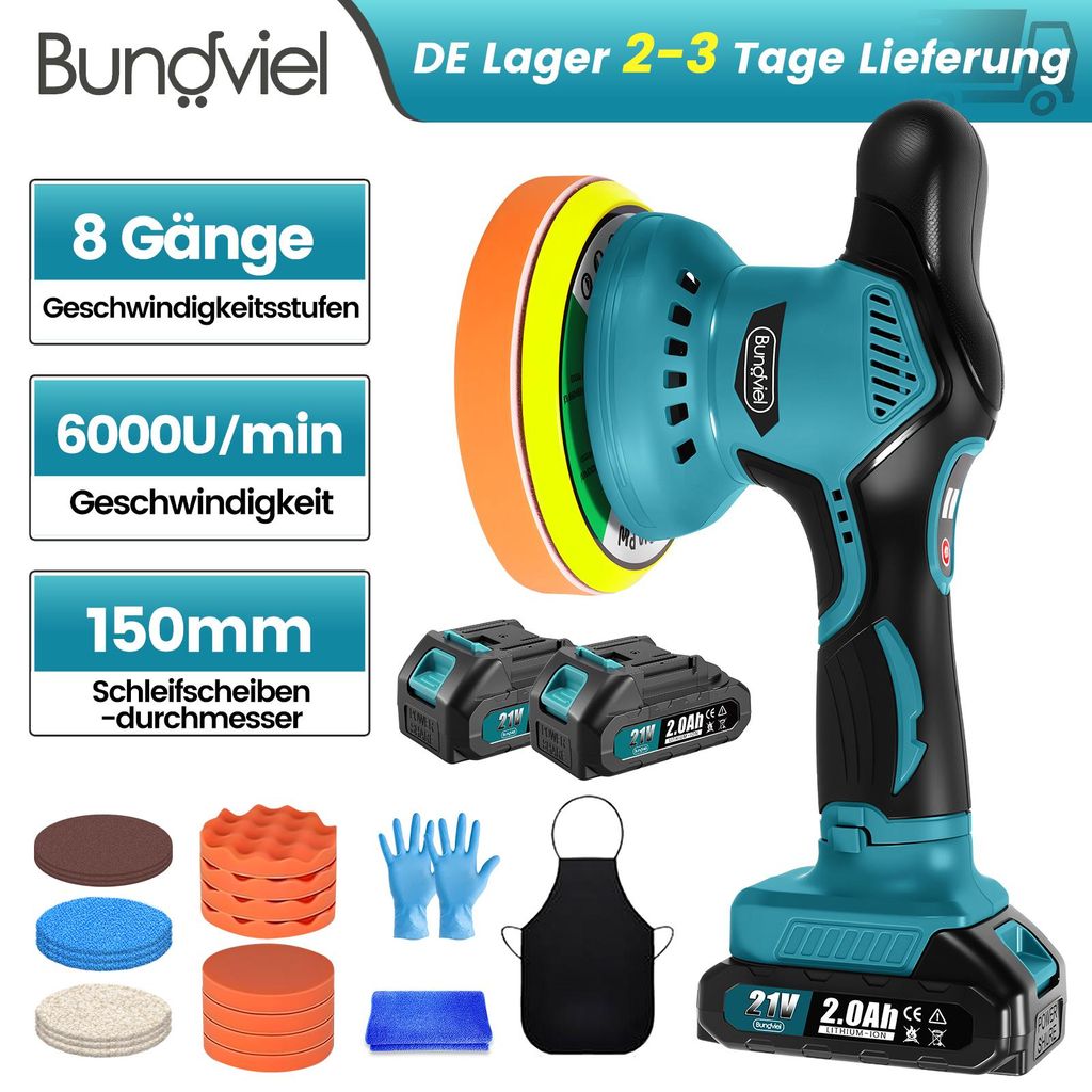 Akku Poliermaschine Auto 150mm Exzenter mit 2×21V 2000mAh Produktbild 
