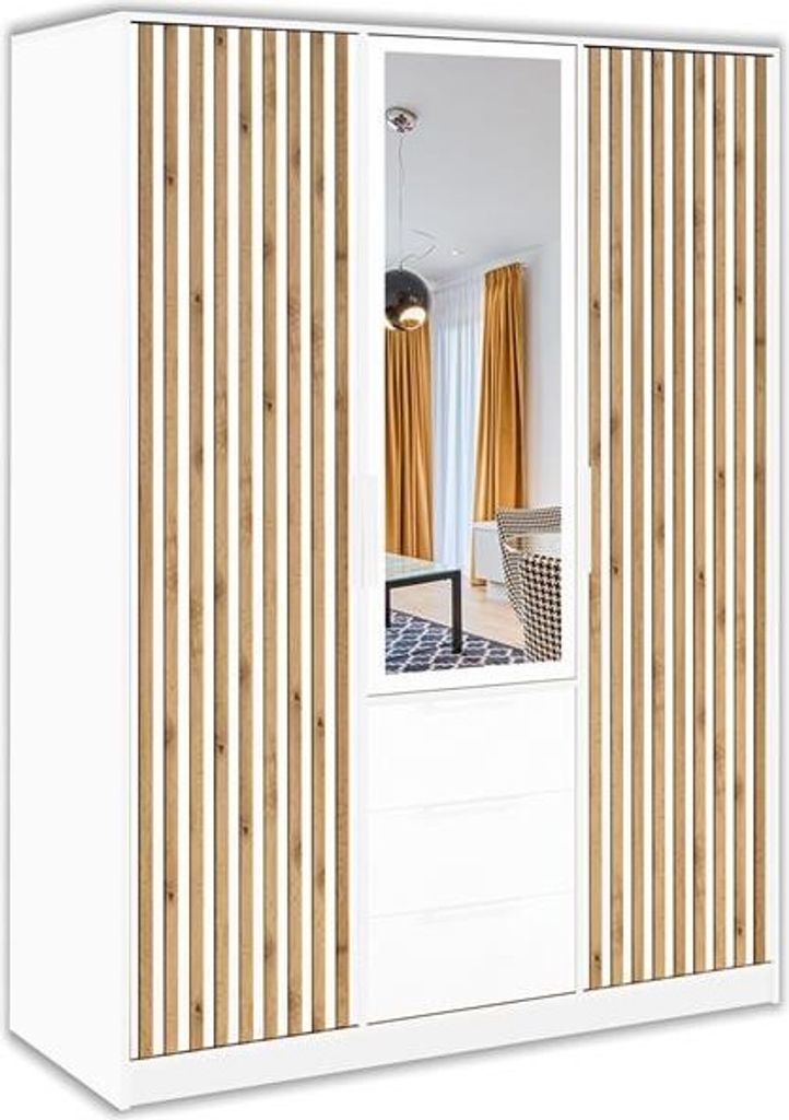 BETTSO Kleiderschrank mit Dekorativen Lamellen mit 3 Schubladen und Kleiderstange BALL LUX D3 Weiß+Eiche Wotan
