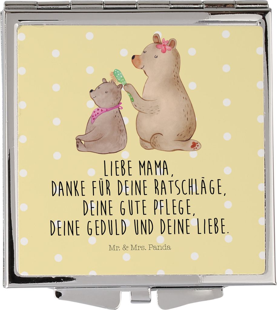 Mr. & Mrs. Panda Taschenspiegel Bär Kind - Gelb Pastell - Geschenk, Klappspiegel, Mutter, Quadratischer Spiegel, Frauen, Muttertag, Schminkspiegel...