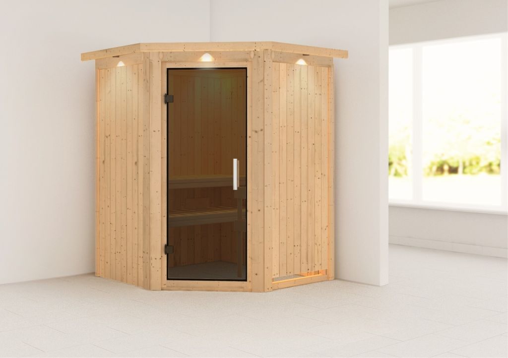 Sauna Larin : Graphit Ganzglastür : mit Dachkranz : ohne Ofen Dachkranz: mit Dachkranz Saunaofen: ohne Ofen Saunatür: Graphit Ganzglastür