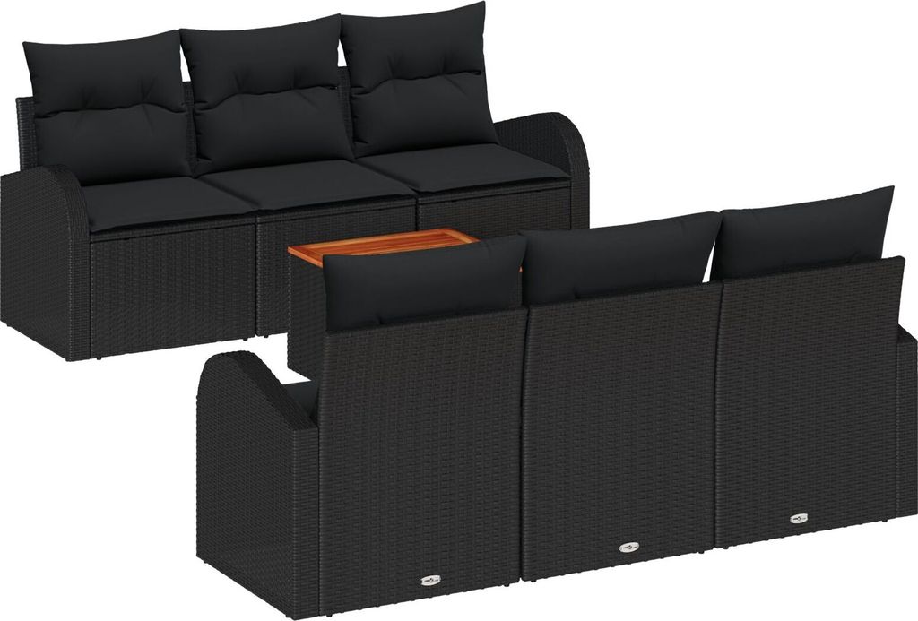Möbel 7-teiliges Garten-Sofa-Set mit Kissen Schwarz Poly-Rattan Akazie, 2-Sitzer Garten-Sofa mit Stauraum & Kissen Schwarz Poly-Rattan - Gartensof...