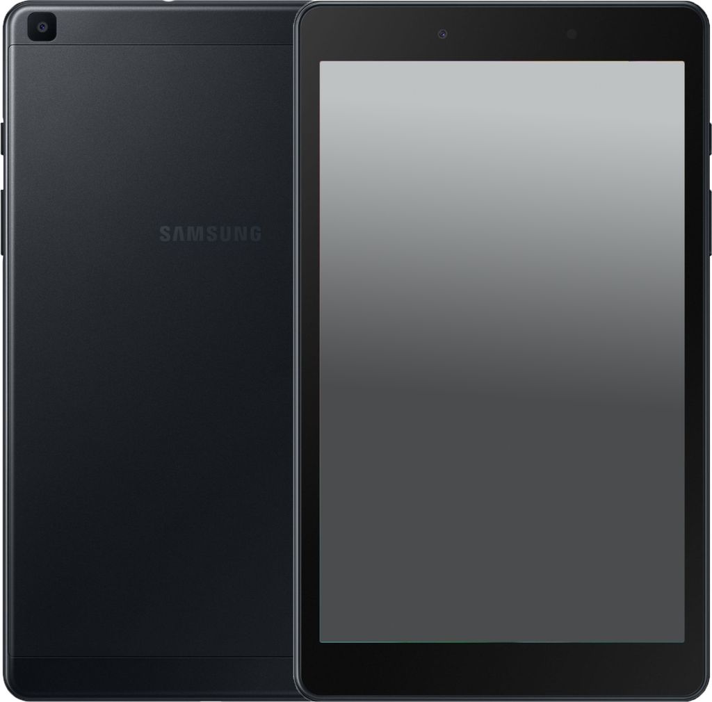 A black Samsung Galaxy Tab A 8.0 (2019) tablet is shown from the front and back.