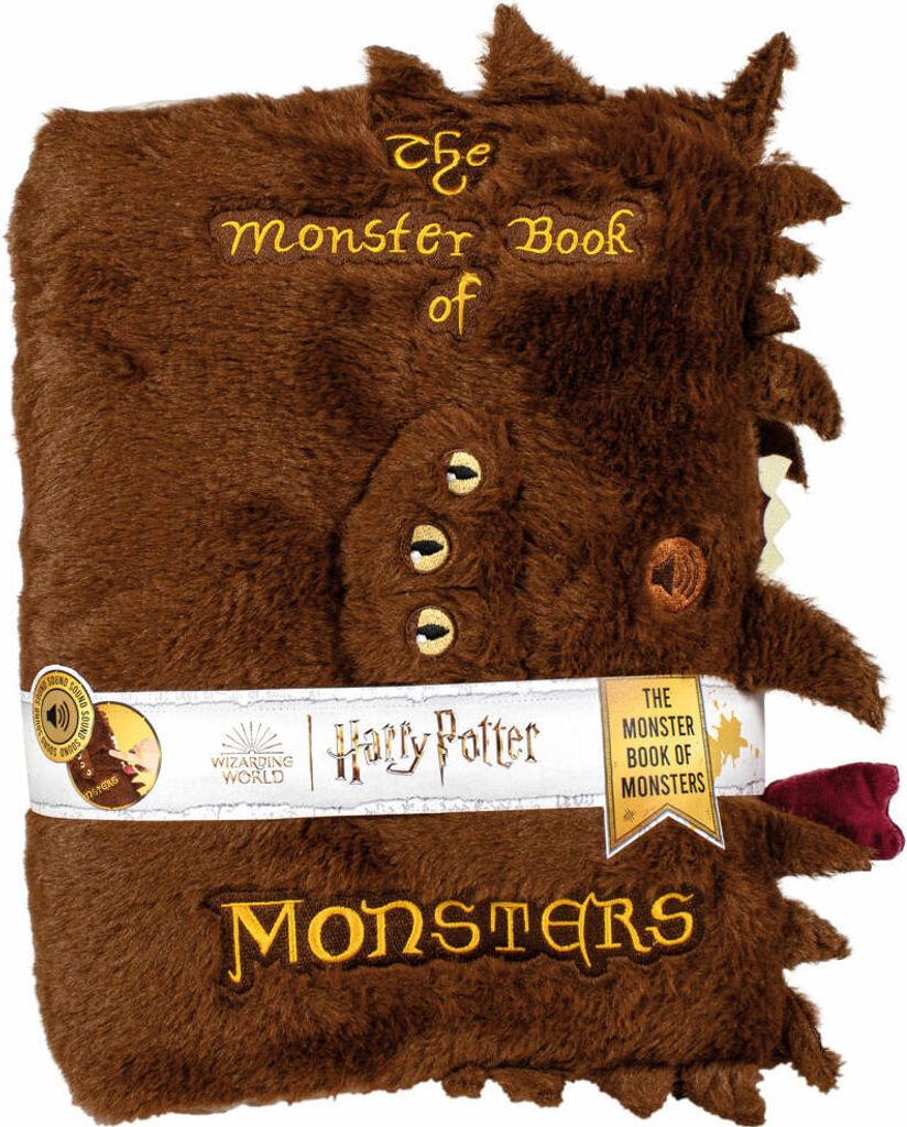 A plush toy book designed to look like the Monster Book of Monsters from Harry Potter.