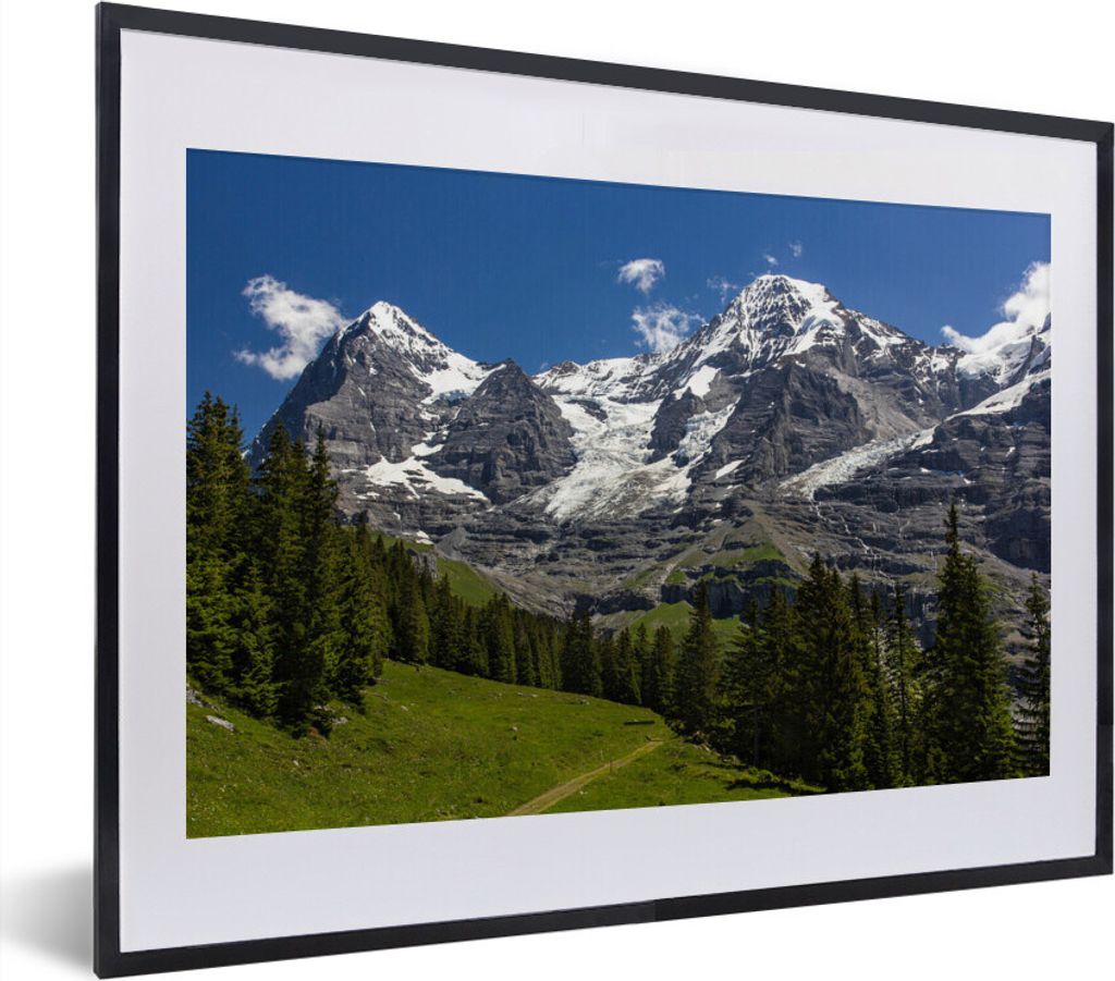 MuchoWow MuchoWow Gerahmtes Poster Wälder für die Berge Eiger und Monch in der Schweiz 40x30 cm - Poster mit zchwarzem Bilderrahmen - Bilderr...