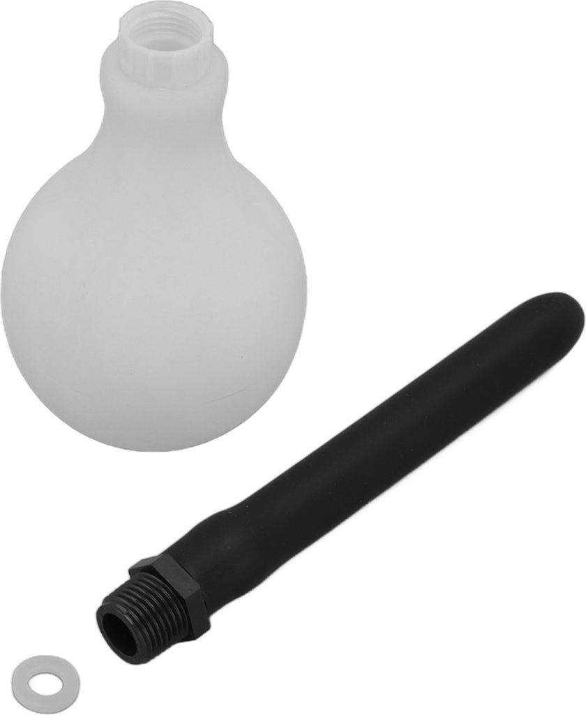 A white bulbous container and a black tube with a threaded end and a washer are shown on a white background.