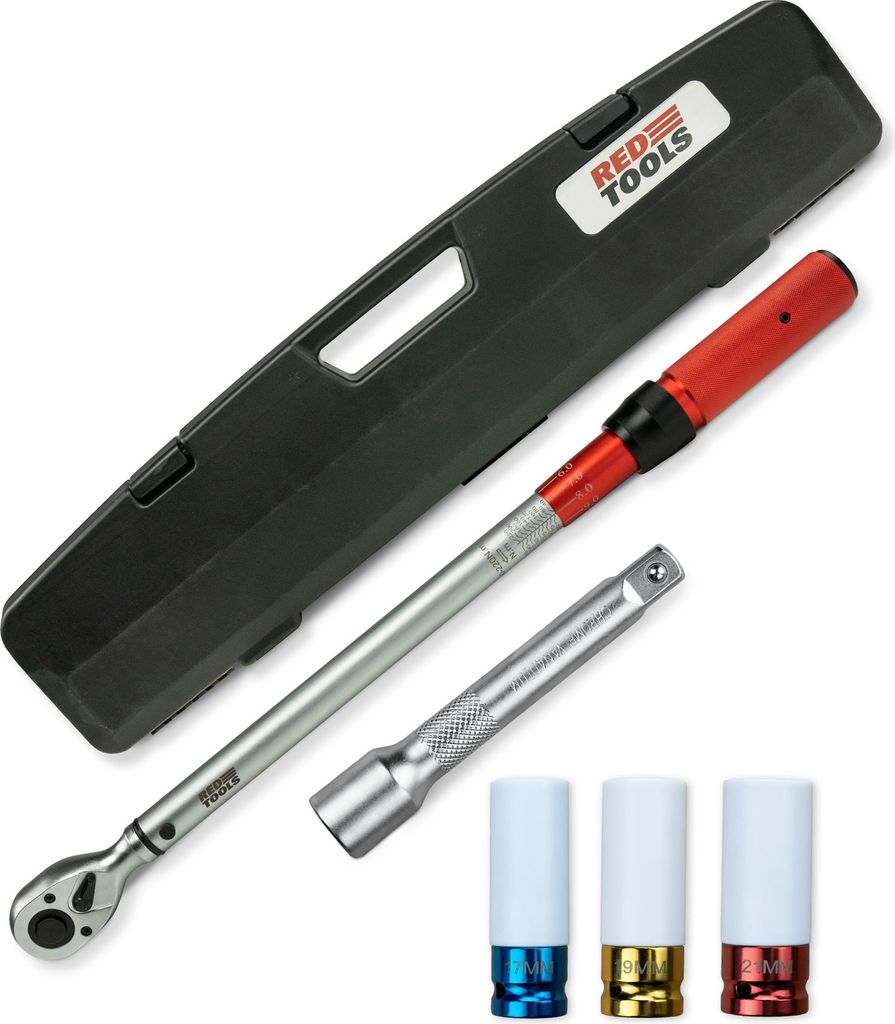 Red Tools Drehmomentschlüssel 40–220 Nm, 1/2 Zoll Ratsche, inkl. 3 Stecknüsse 17, 19, 21 mm & Verlängerung, im Aufbewahrungskoffer für Auto &...