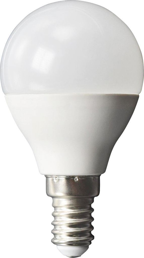 A studio shot of a single LED light bulb against a white background.